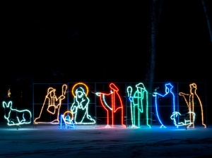 Nativity scene outline in christmas lights